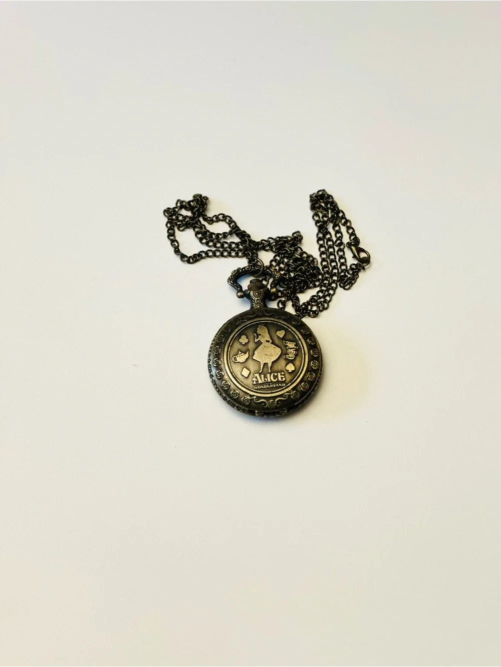 Bronze Alice in Wonderland Pocket Watch with chain 28” NEW UNTESTED NO BOX